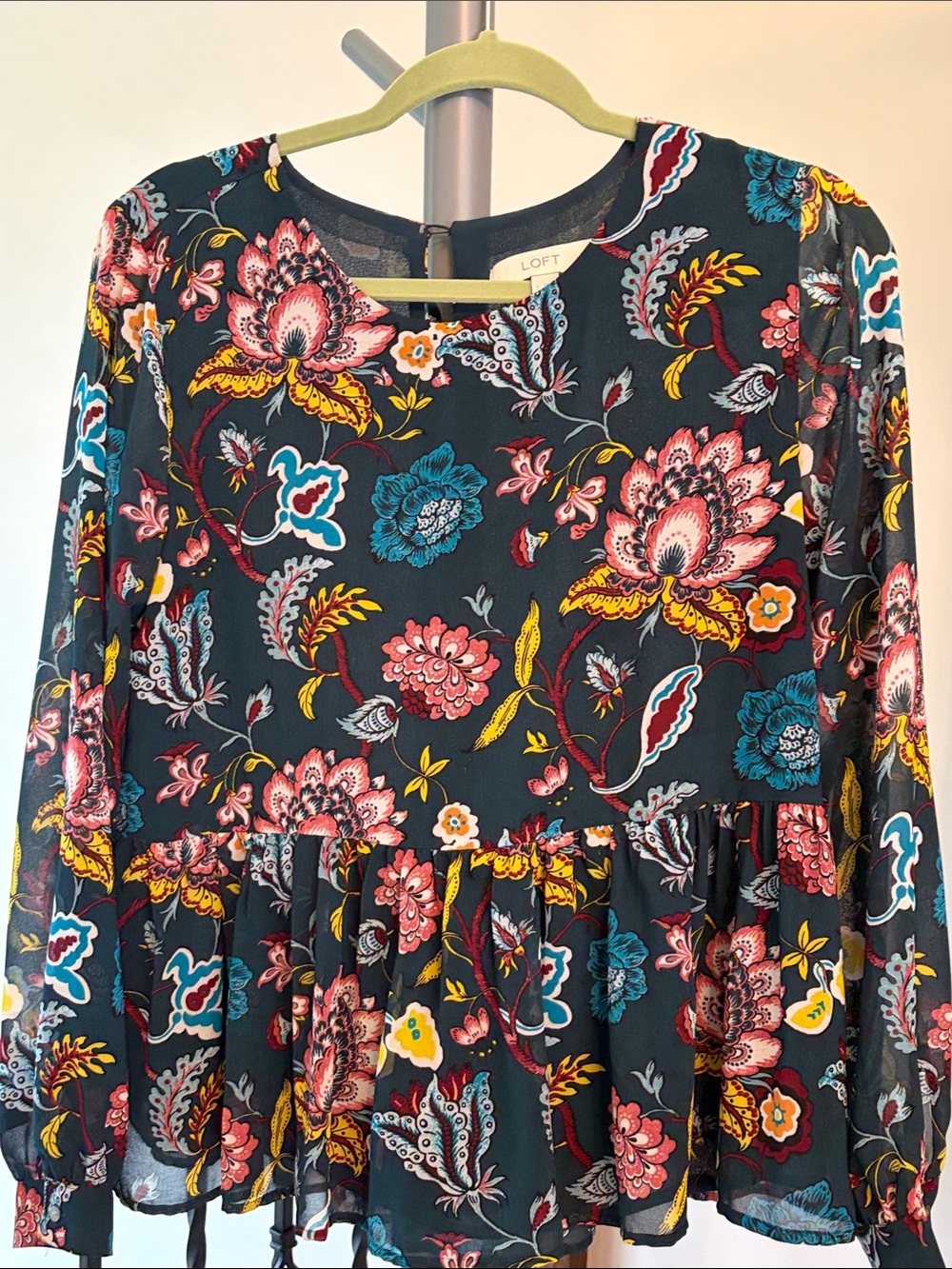 LOFT Black Multicolor Floral Peplum Blouse
